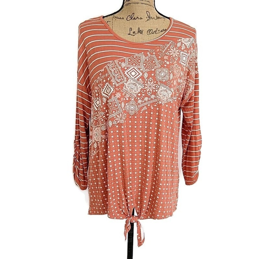 NWT Cato Pink Stripe Paisley Tie Front Long Sleeve Top sz L Western Boho